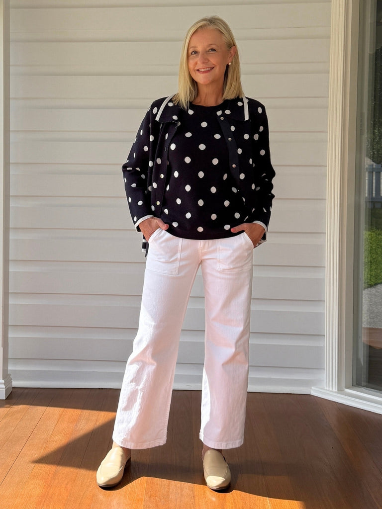 Ascot Spot Knit Cardigan - Navy/White