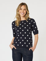 Ascot Spot Knit Top - Navy/White