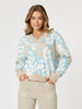 Pasadena Floral Print V Neck Knit - Blue/Natural