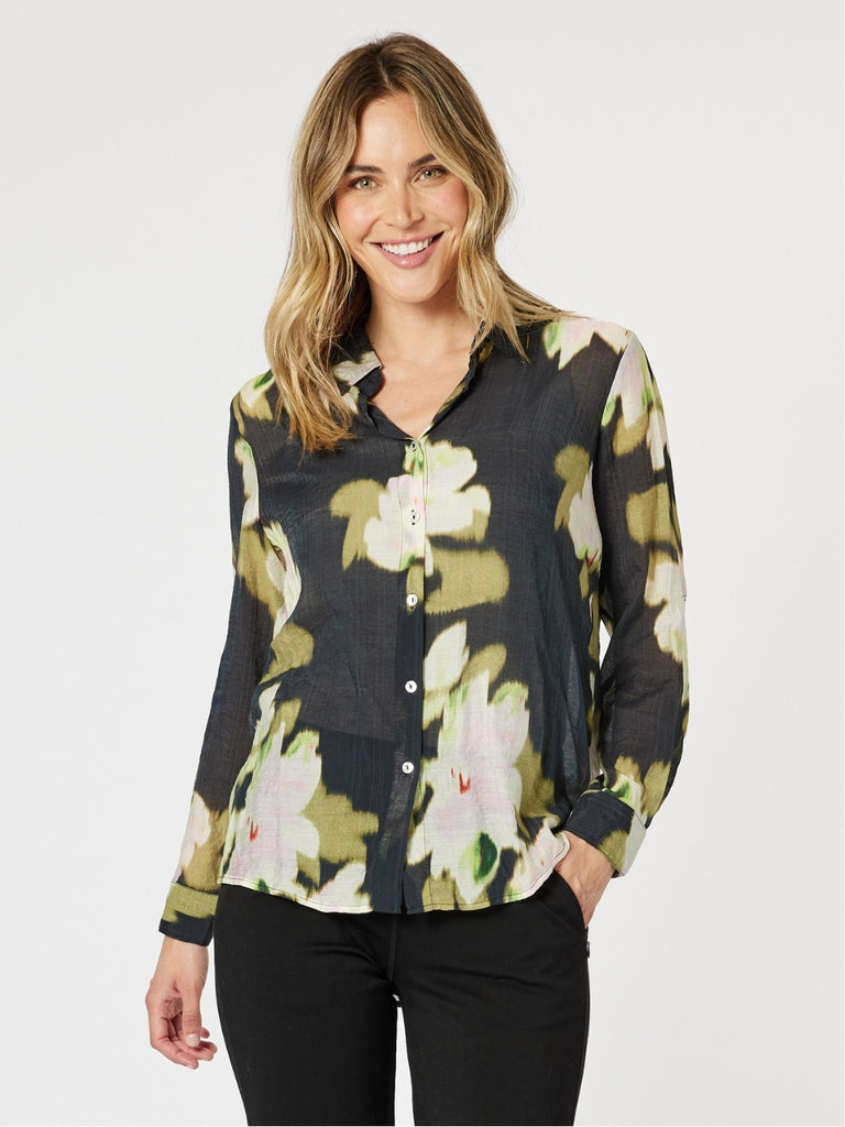 Maggie Floral Print Sheer Shirt - Black/Multi