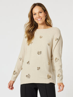 Sequin Hearts Rib Knit - Natural