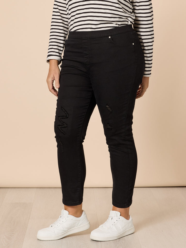 LA Distressed Pull On Stretch Denim Jean - Black RC&CO