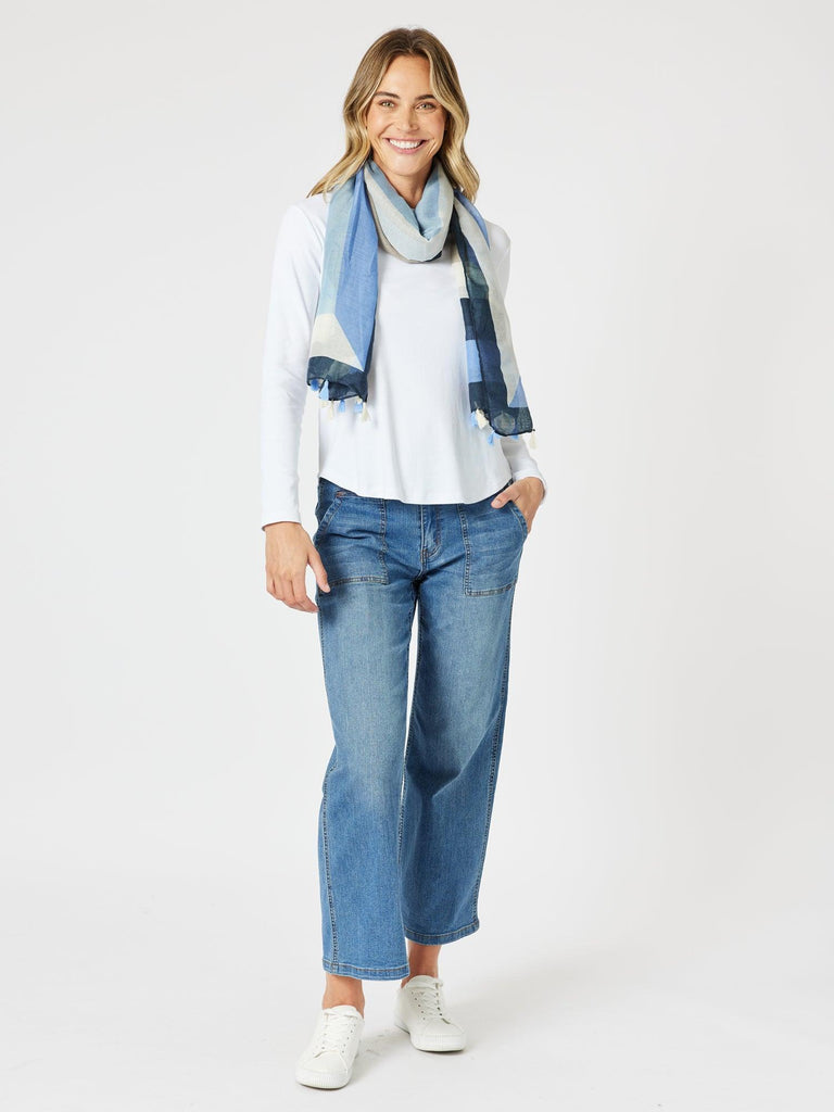 Crew Neck Cotton Rib Long Sleeve Top - White