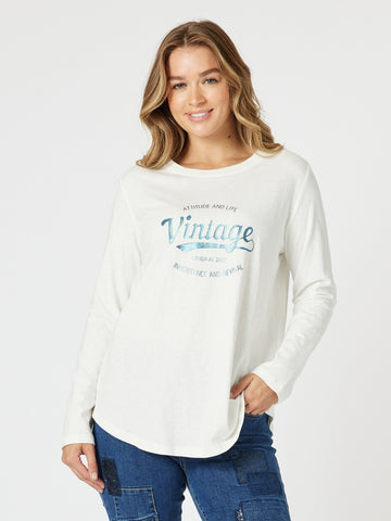 Vintage Long Sleeve Print Tee - White/Denim