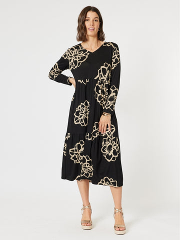 Louvre Floral Print Dress - Black/Natural