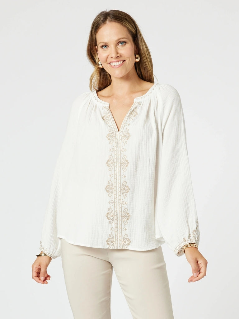 Cross Stitch Embroidered Top - White/Natural rc&co