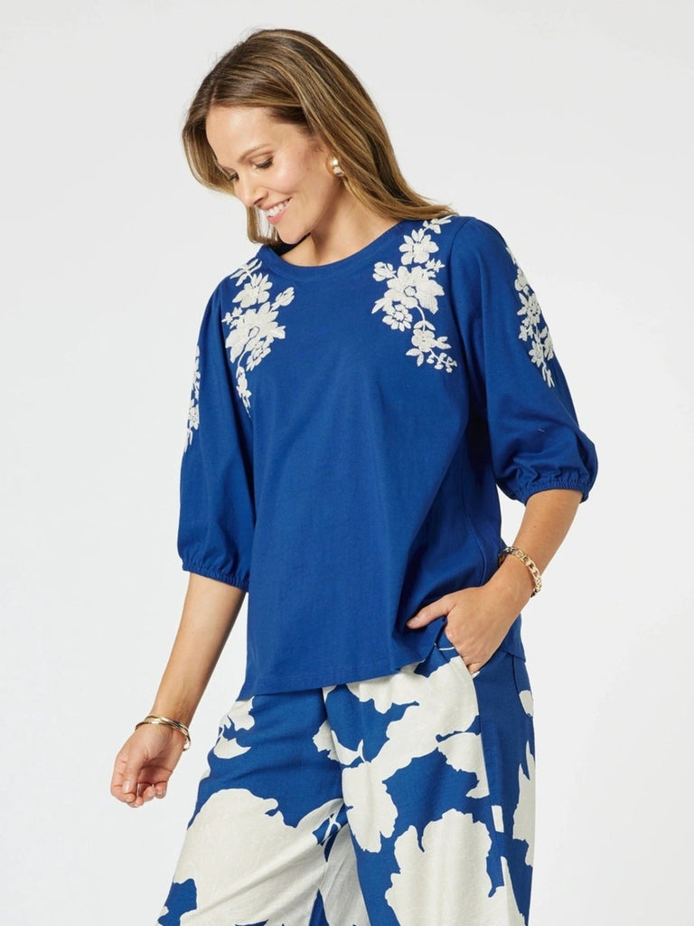 Jill Floral Embroidered Tee - Blue rc&co