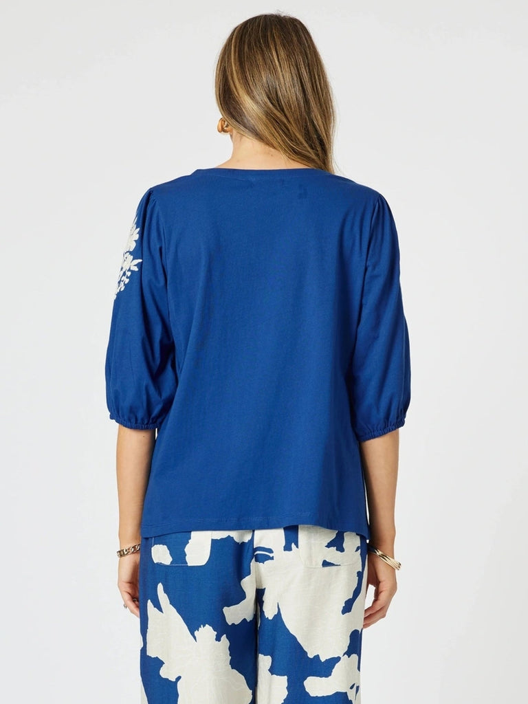 Jill Floral Embroidered Tee - Blue rc&co