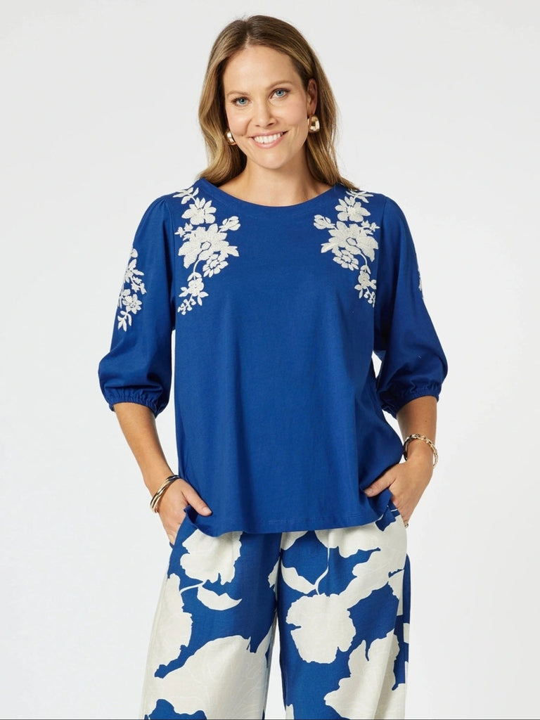 Jill Floral Embroidered Tee - Blue rc&co