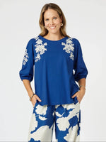 Jill Floral Embroidered Tee - Blue