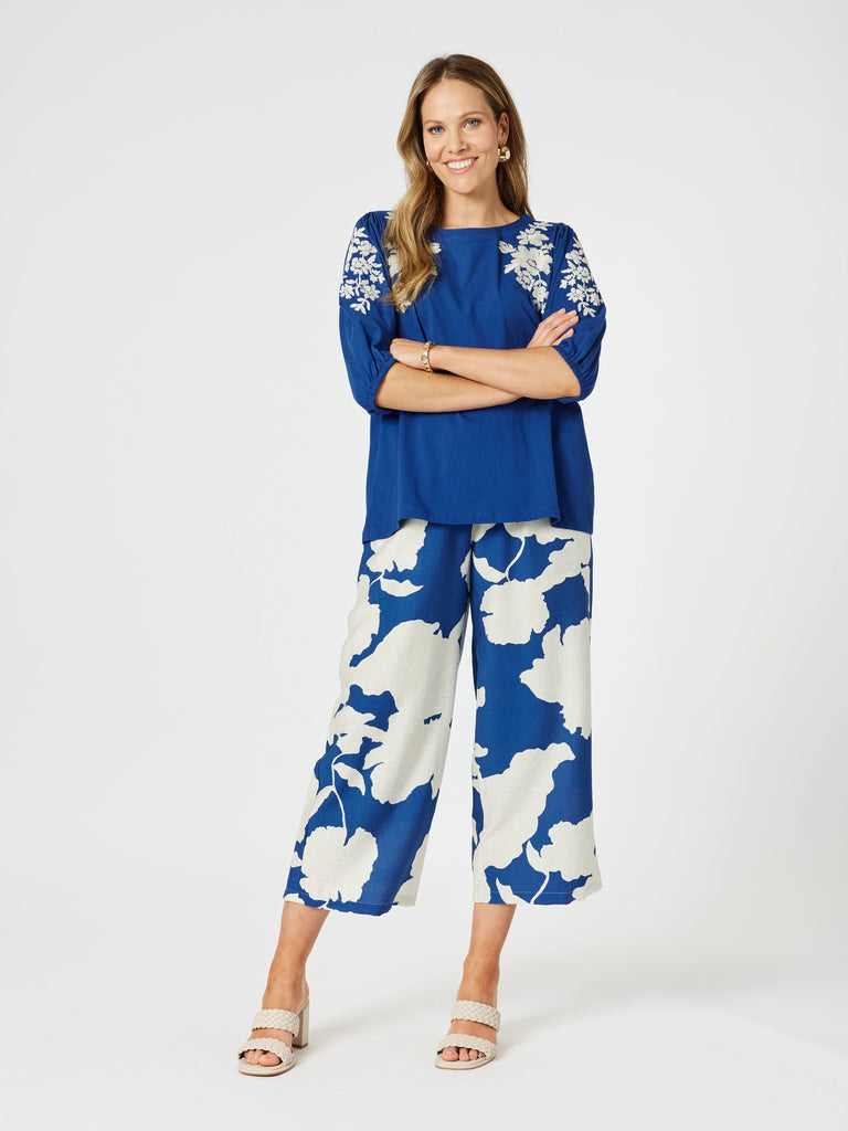 Jill Floral Embroidered Tee - Blue rc&co