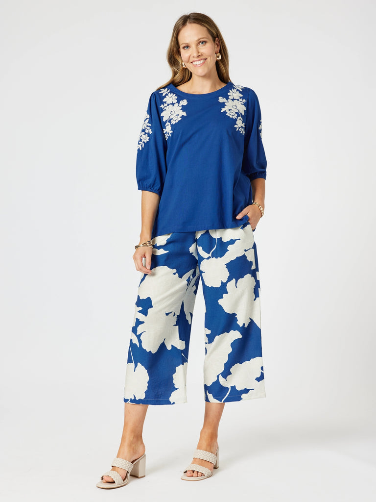 Barcelona Floral Print Pant - Blue/Natural rc&co