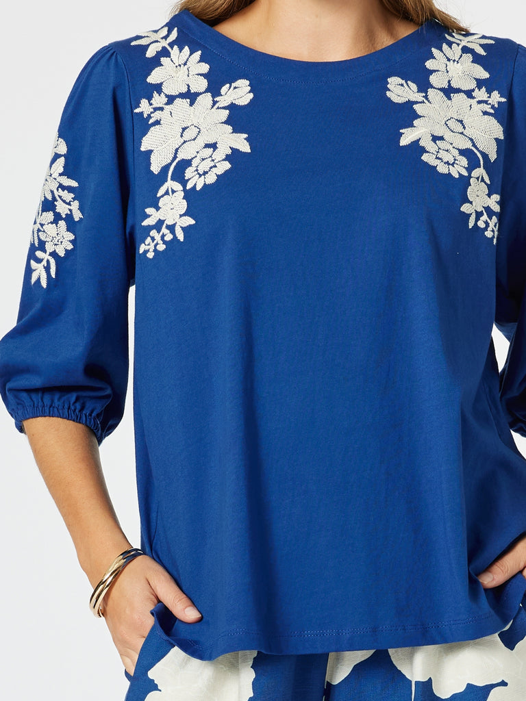 Jill Floral Embroidered Tee - Blue rc&co
