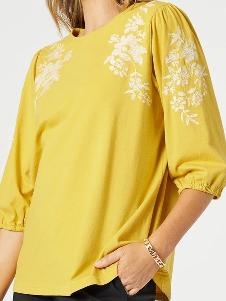 Jill Floral Embroidered Tee - Gold rc&co