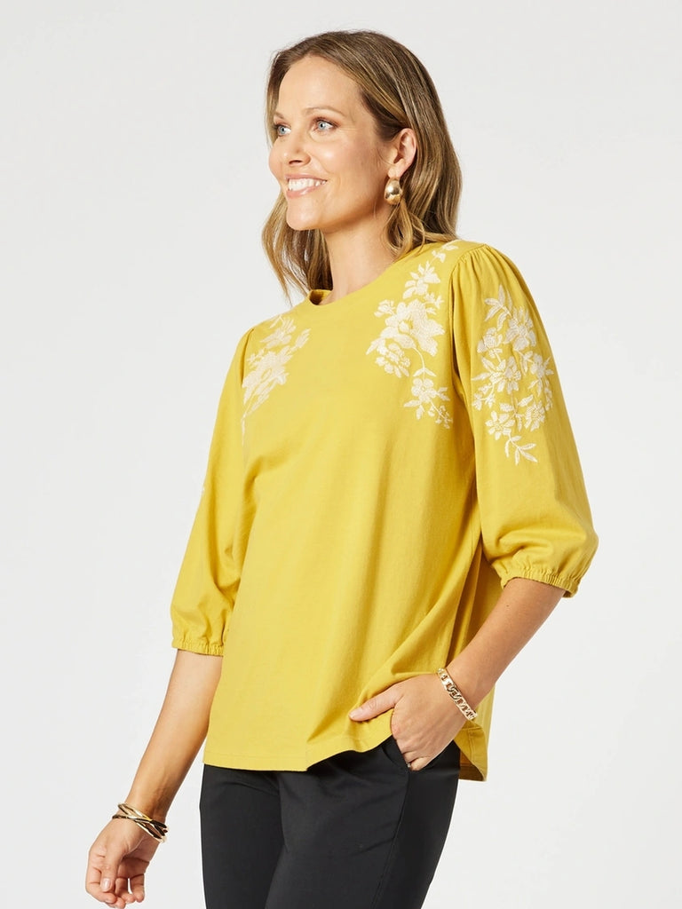 Jill Floral Embroidered Tee - Gold rc&co