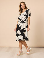 Barcelona V Neck Floral Print Dress - Black/Natural