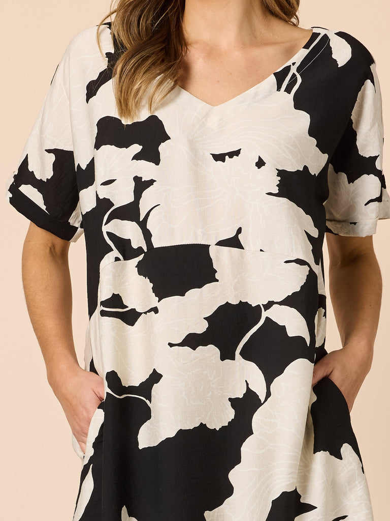 Barcelona V Neck Floral Print Dress - Black/Natural