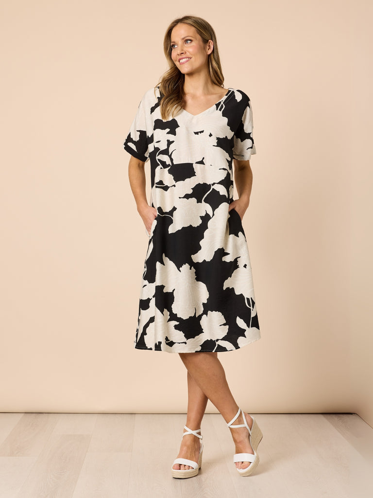 Barcelona V Neck Floral Print Dress - Black/Natural