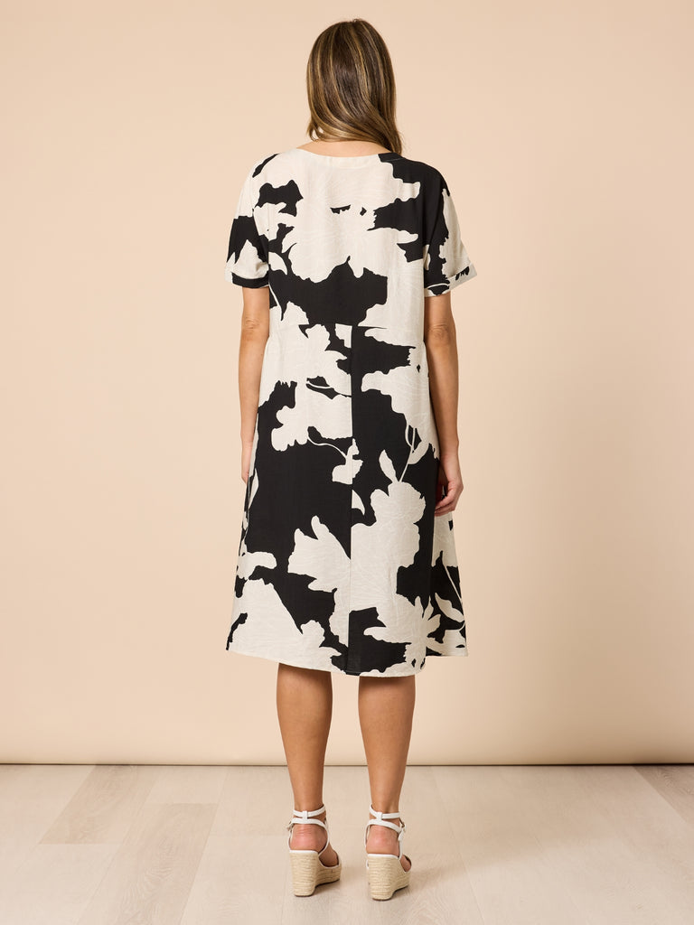 Barcelona V Neck Floral Print Dress - Black/Natural