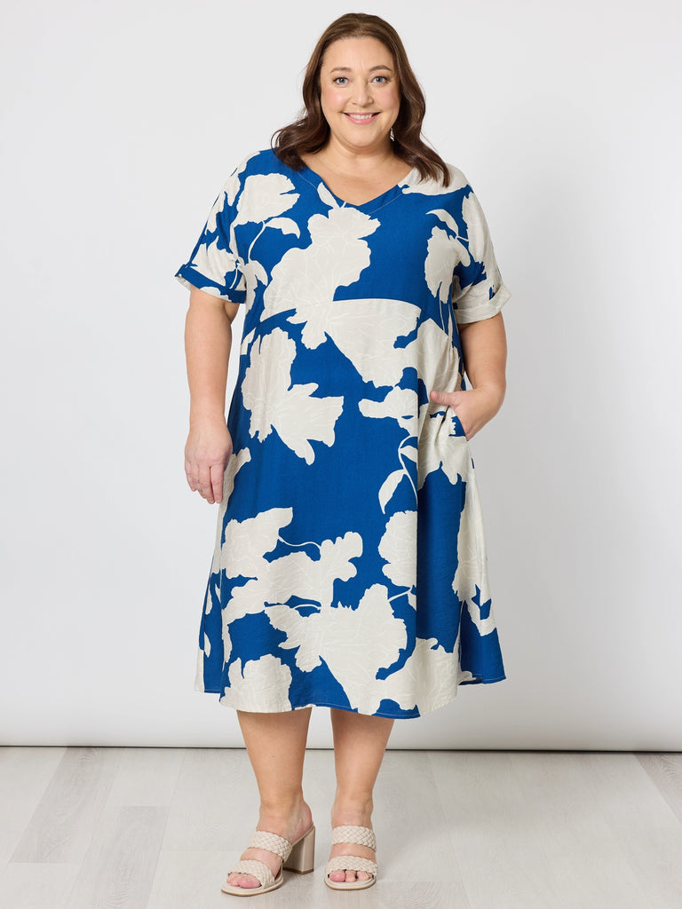 Barcelona V Neck Floral Print Dress - Blue/Natural RC&CO
