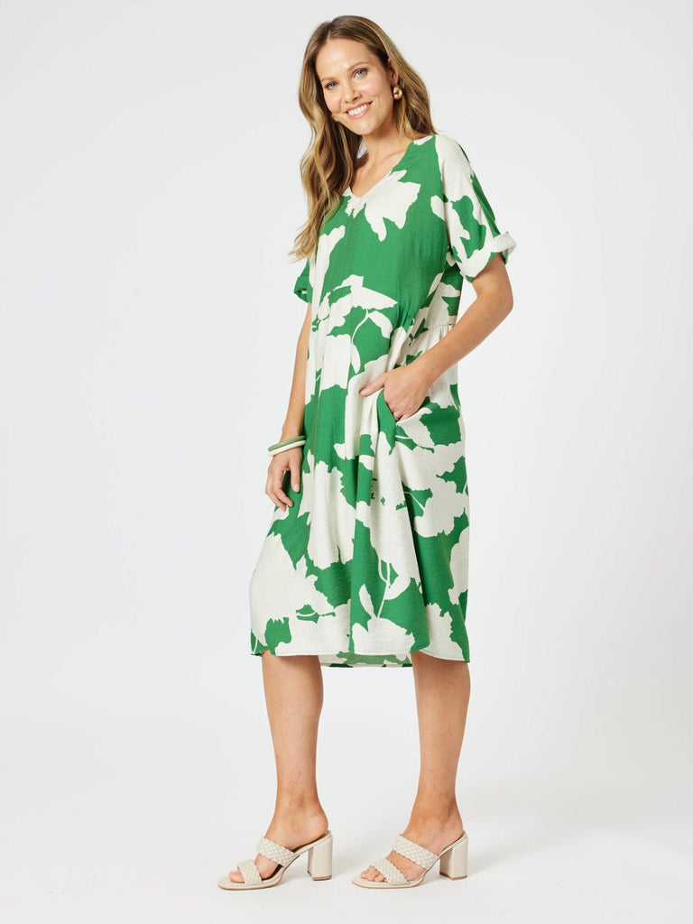 Barcelona V Neck Floral Print Dress - Elm Natural RC&CO
