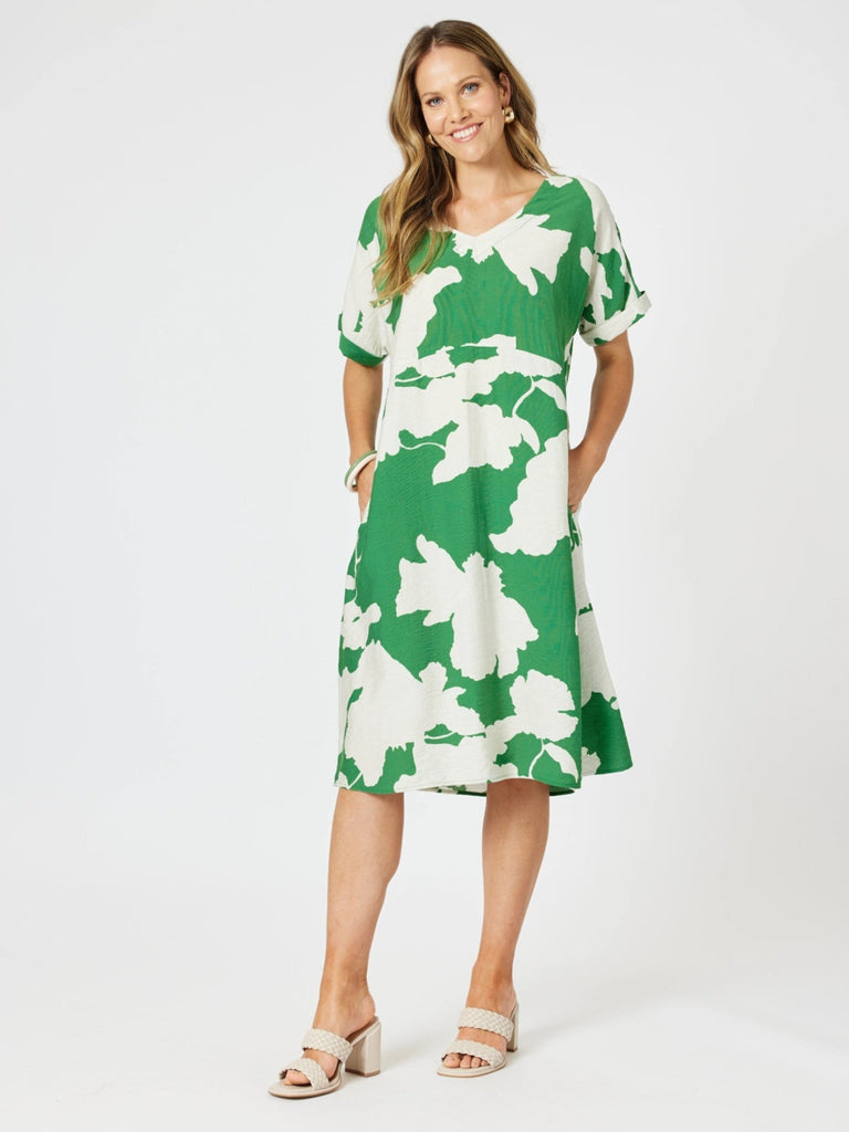 Barcelona V Neck Floral Print Dress - Elm Natural RC&CO