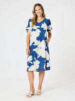 Barcelona V Neck Floral Print Dress - Blue/Natural