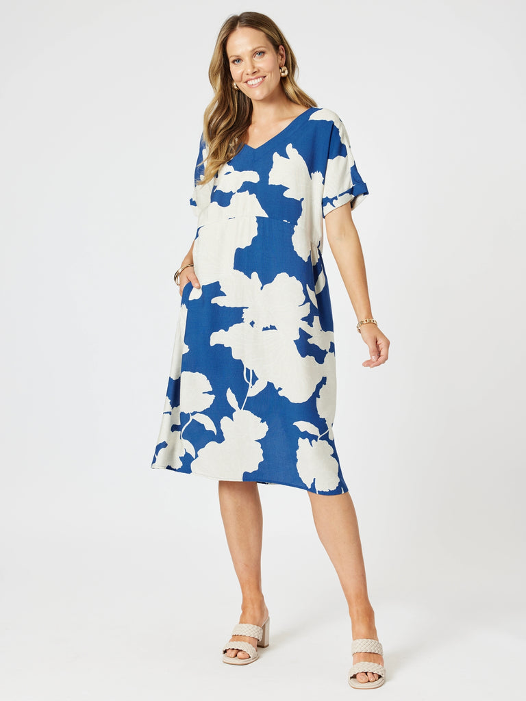 Barcelona V Neck Floral Print Dress - Blue/Natural RC&CO