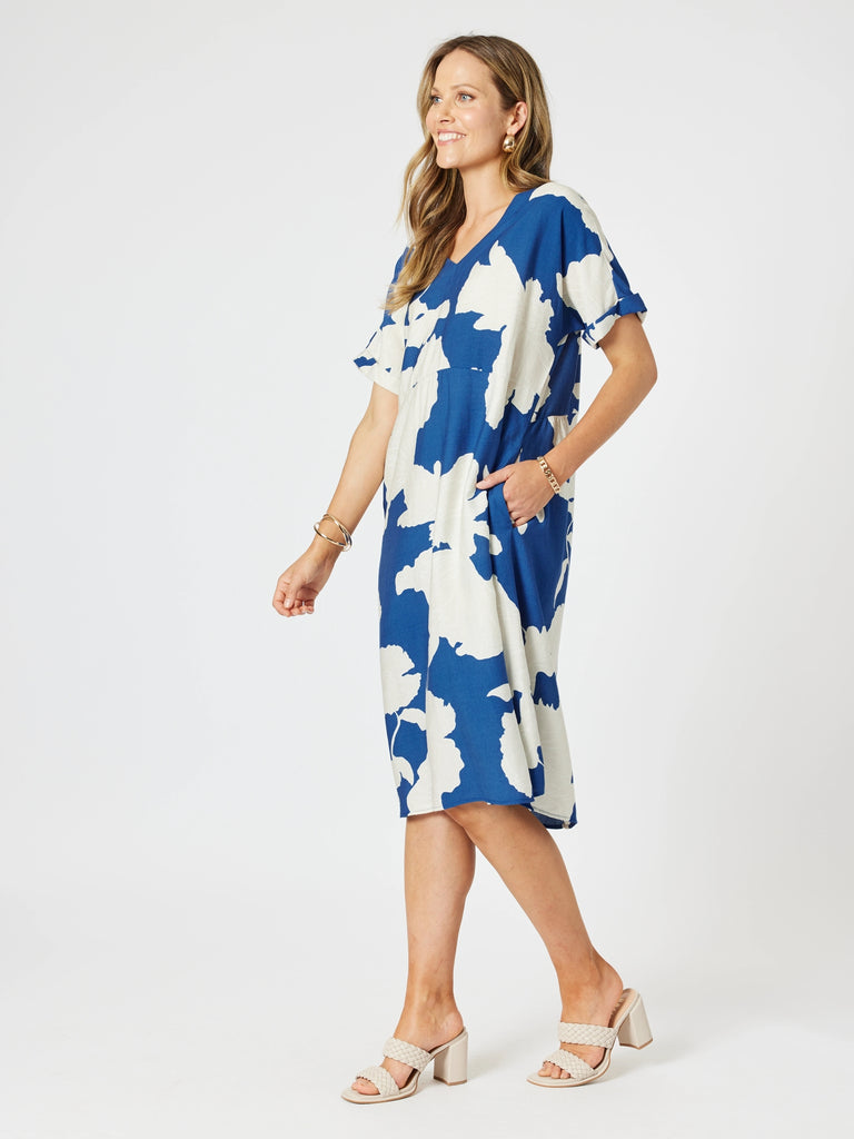 Barcelona V Neck Floral Print Dress - Blue/Natural RC&CO