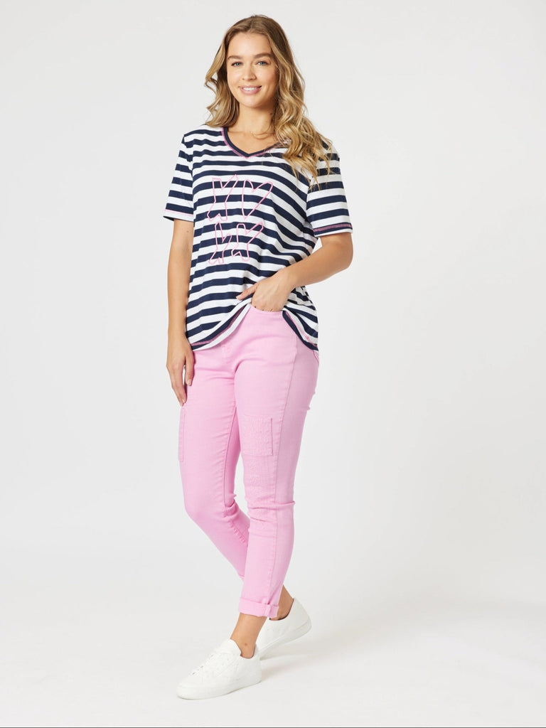 Love & Kisses Stripe Print Tee - Navy Pink rc&co