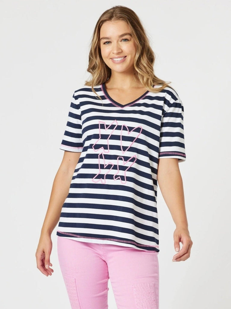 Love & Kisses Stripe Print Tee - Navy Pink rc&co