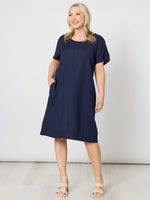 Lino Stitch Hem Detail Shift Dress - Navy