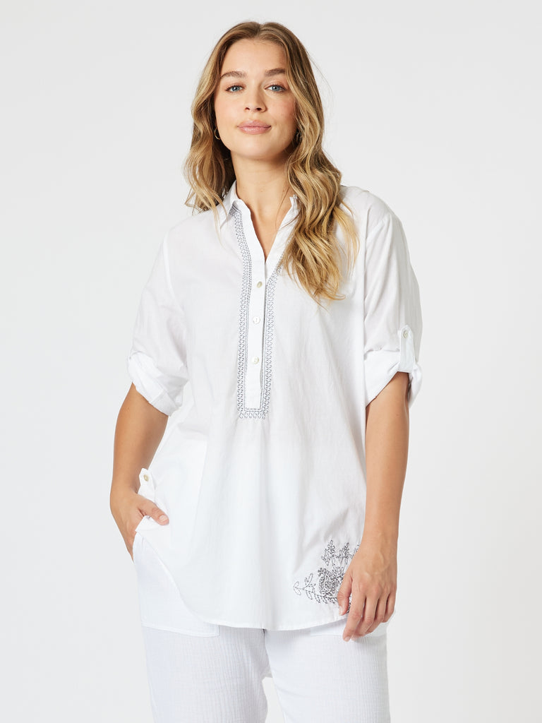 Bella Embroidered Top - White/Blue rc&Co