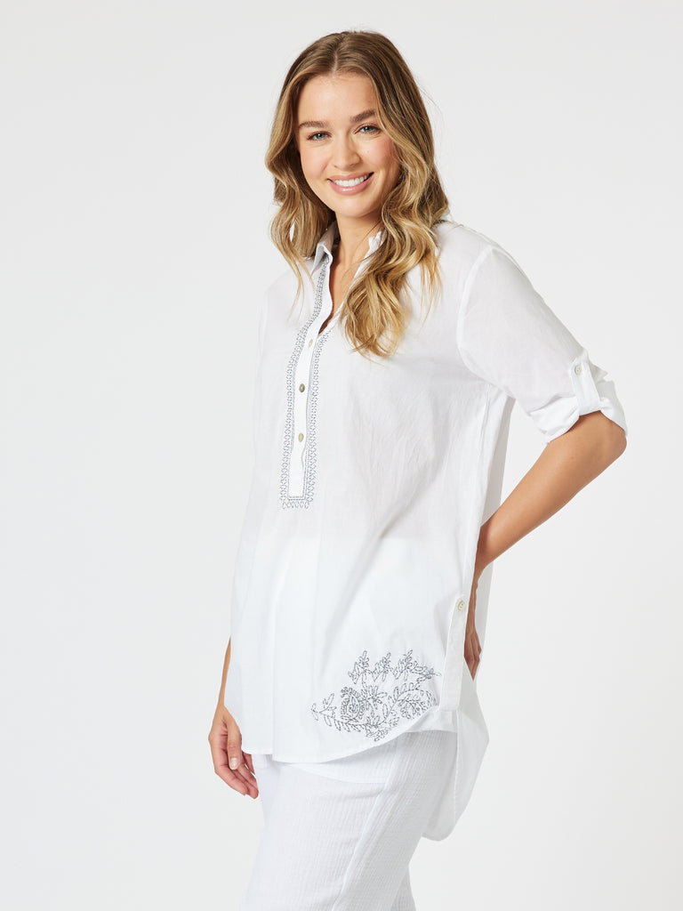 Bella Embroidered Top - White/Blue rc&Co
