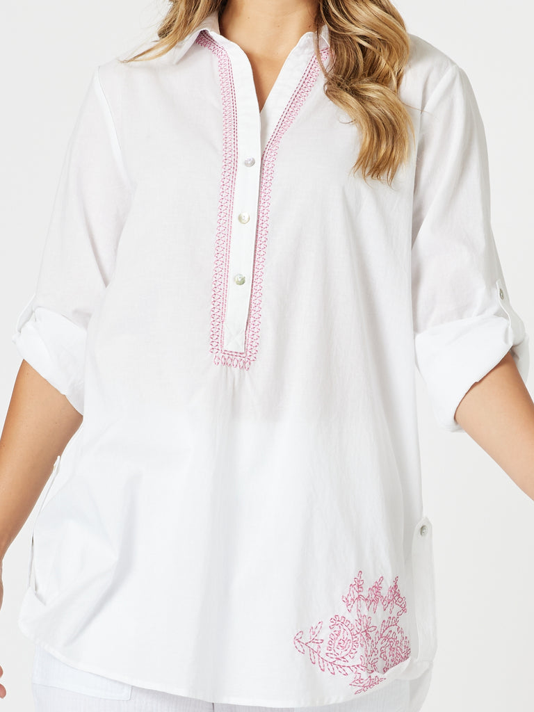 Bella Embroidered Top - White/Pink rc&co