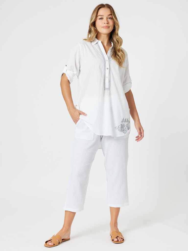 Bella Embroidered Top - White/Blue rc&Co