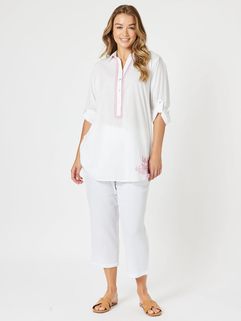 Bella Embroidered Top - White/Pink rc&co