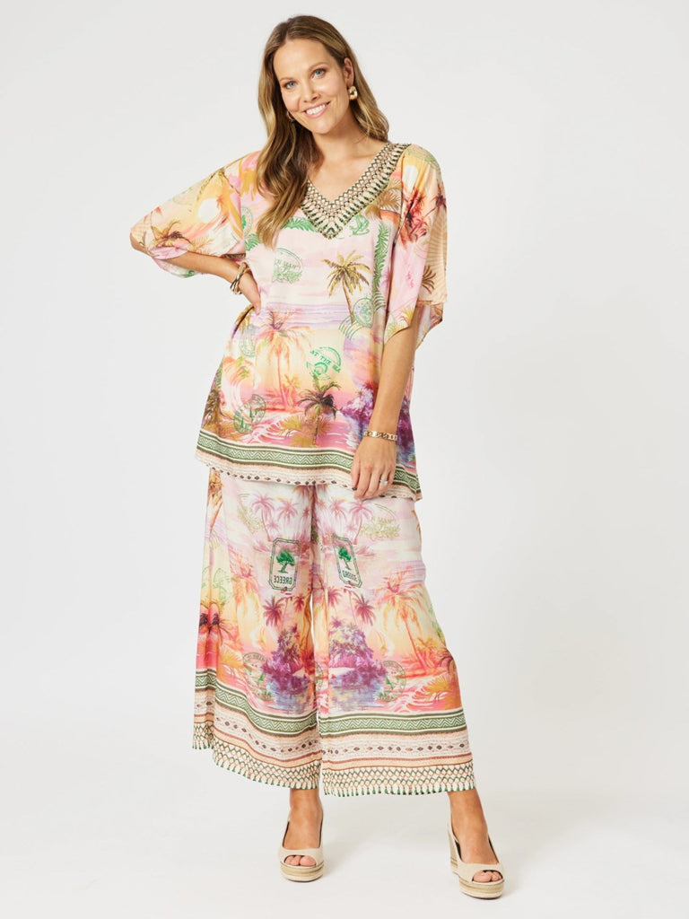 Passport Print V Neck Top - Sunset Multi rc&co