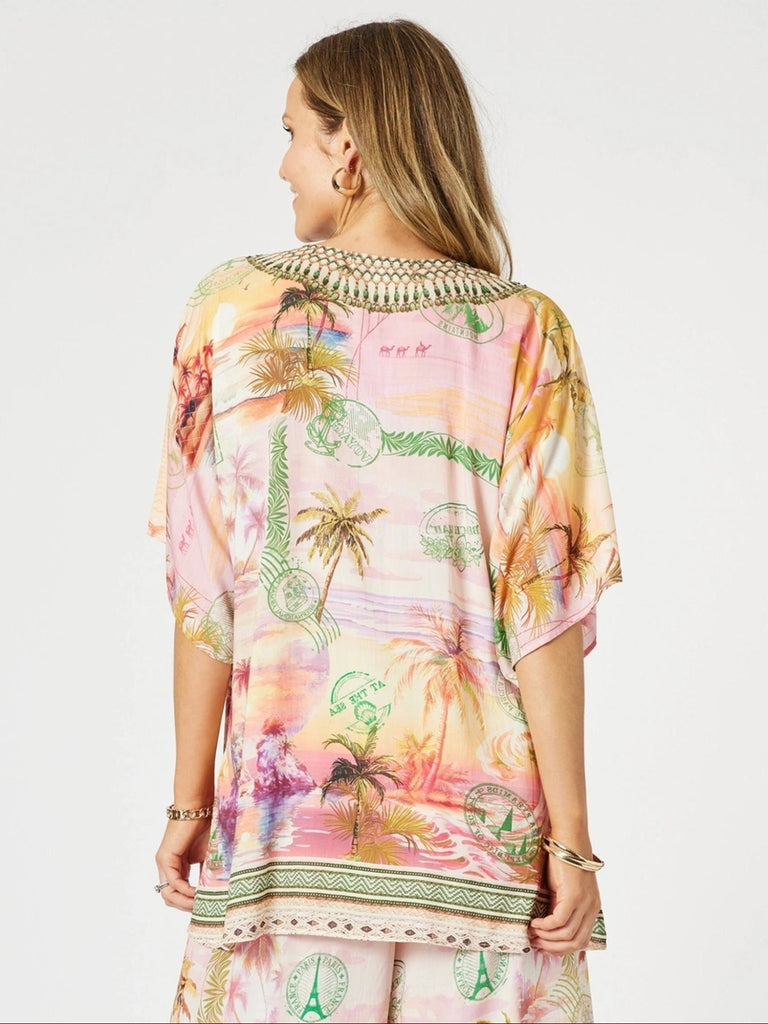Passport Print V Neck Top - Sunset Multi rc&co