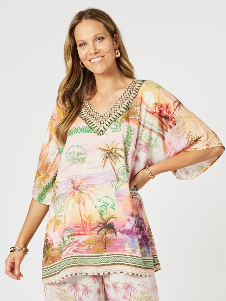 Passport Print V Neck Top - Sunset Multi rc&co