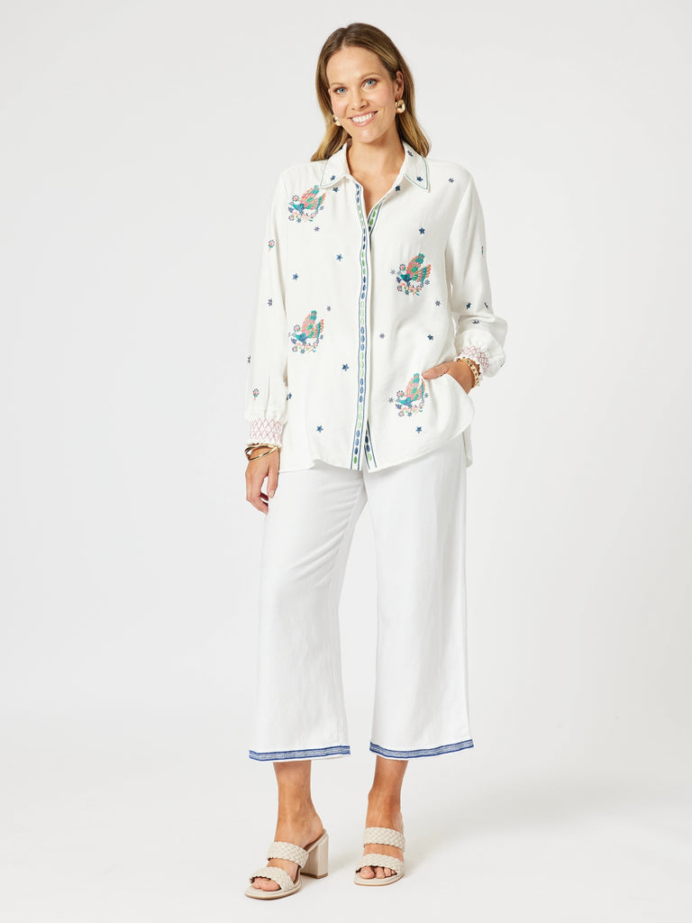 Peacock Embroidered Shirt - White Multi rc&co