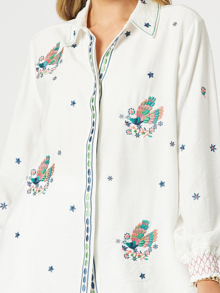 Peacock Embroidered Shirt - White Multi rc&co