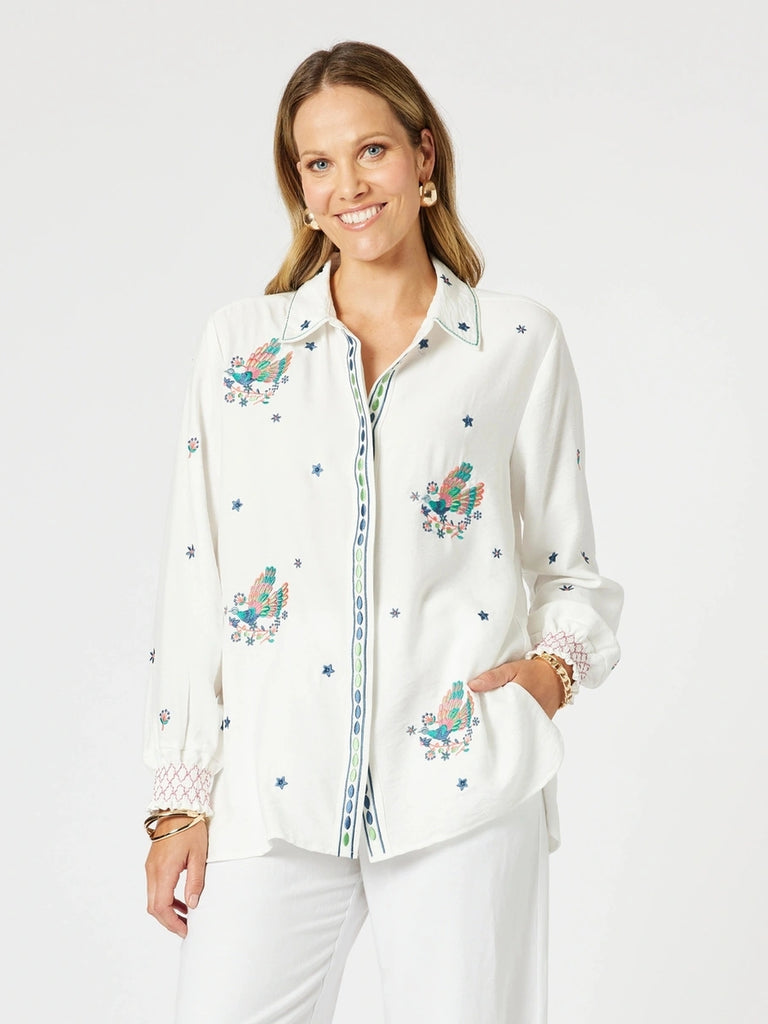 Peacock Embroidered Shirt - White Multi rc&co