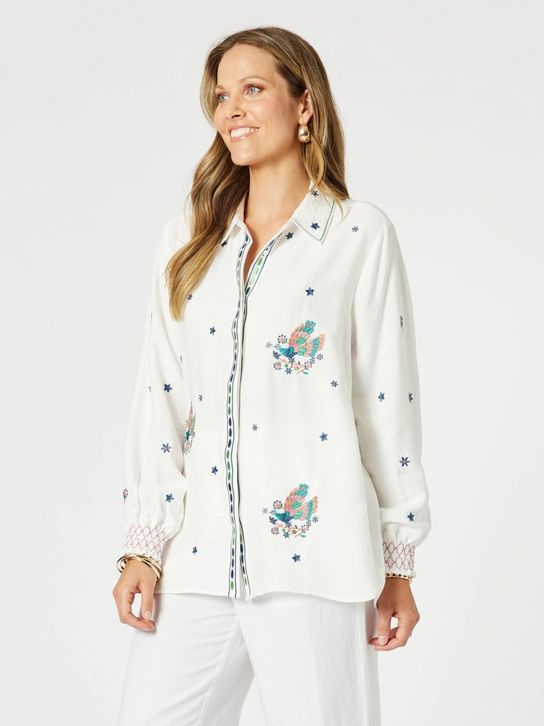 Peacock Embroidered Shirt - White Multi rc&co