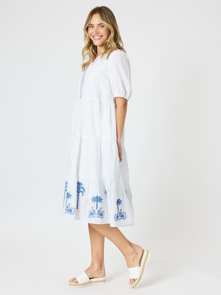 Mykonos Embroidered Dress - White/Blue RC&CO