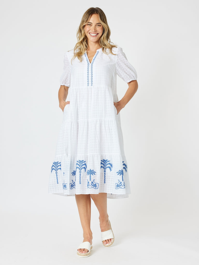 Mykonos Embroidered Dress - White/Blue RC&CO