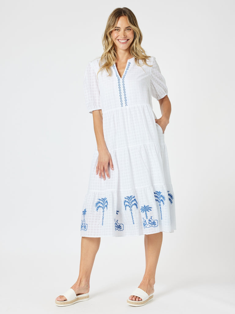 Mykonos Embroidered Dress - White/Blue RC&CO