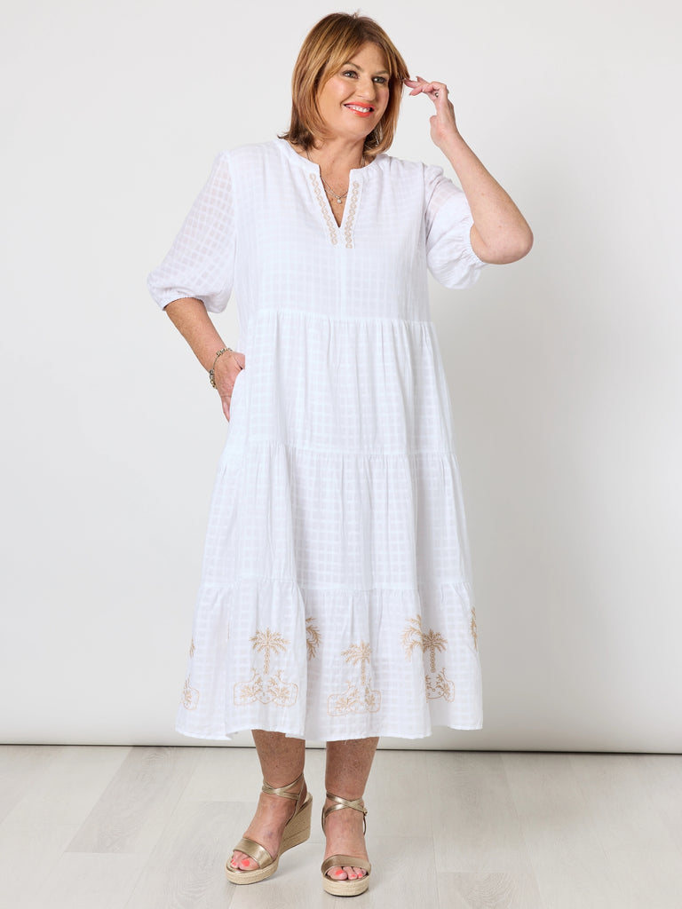 Mykonos Embroidered Dress - White/Gold RC&CO