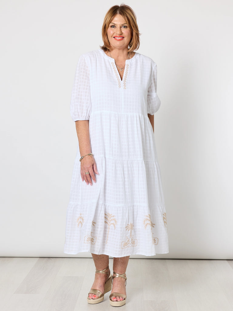 Mykonos Embroidered Dress - White/Gold RC&CO