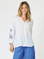 Mykonos Embroidered Sheer Blouse - White/Blue